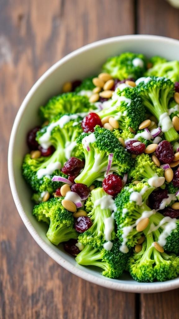 A colorful broccoli salad with cranberries and sunflower seeds in a bowl on a wooden table.