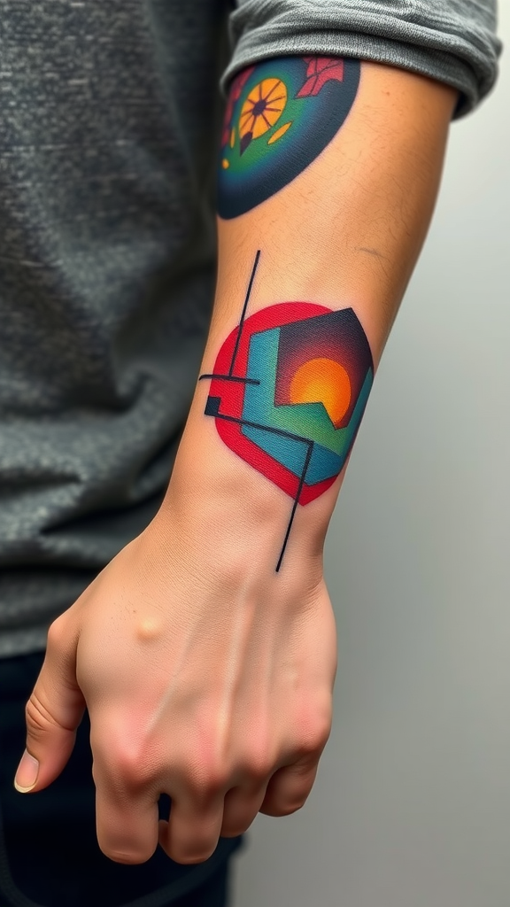 A colorful abstract tattoo on a man's forearm featuring geometric shapes and vibrant colors.