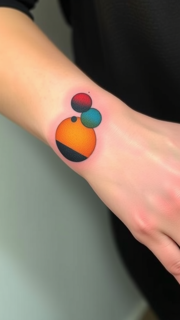 Colorful abstract wrist tattoo with circles and gradients