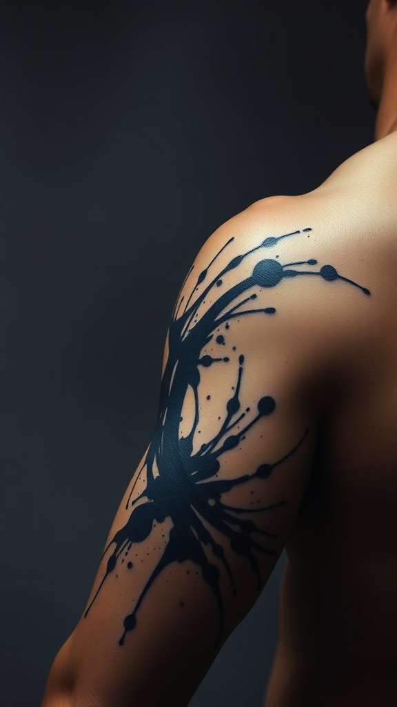 A close-up of a minimal abstract tattoo with ink splashes on a man's arm.