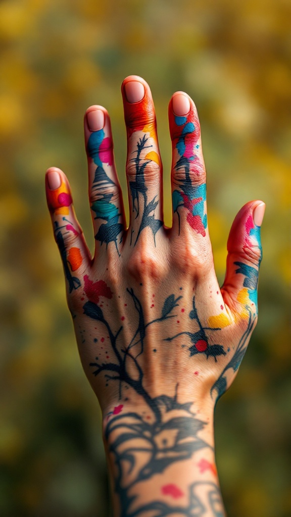 Colorful abstract art tattoo on fingers