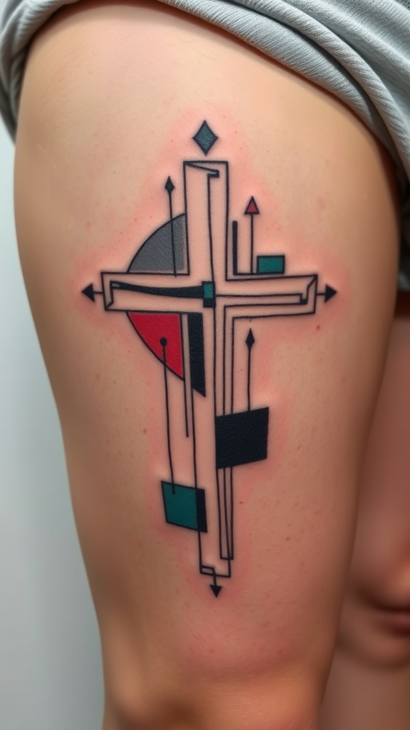 An abstract cross tattoo featuring geometric shapes and bold colors on a thigh.