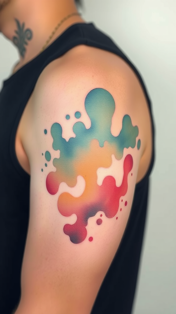 Colorful abstract watercolor tattoo on a man's shoulder.