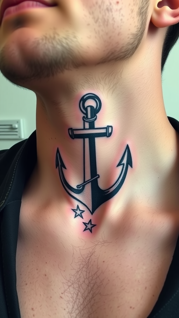 A black anchor tattoo on the neck with two nautical stars.