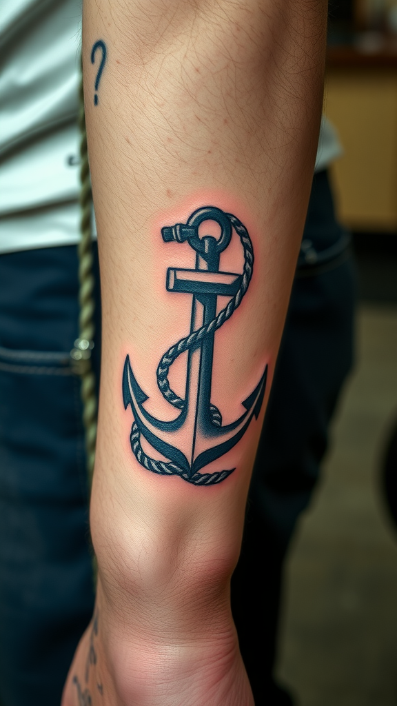 An anchor tattoo on the forearm, symbolizing stability and hope.