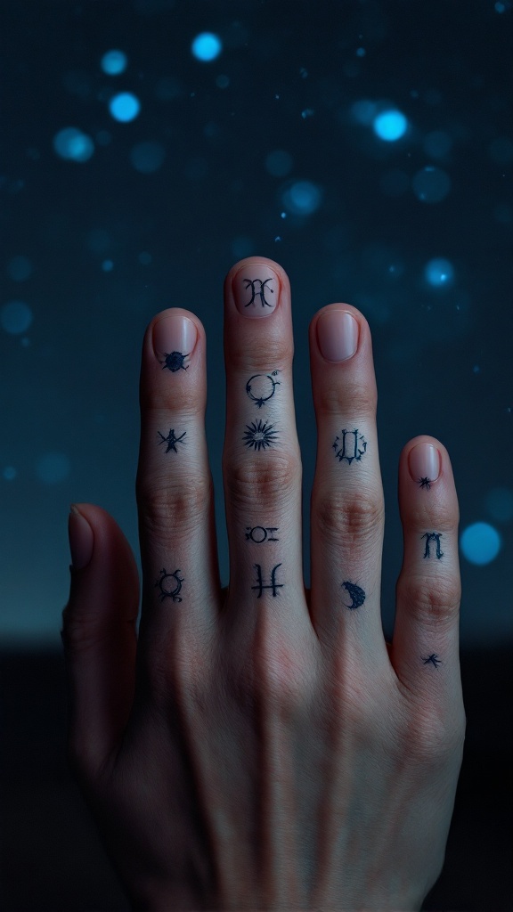 A hand with various astrological sign tattoos on the fingers, against a dark background with blue bokeh lights.