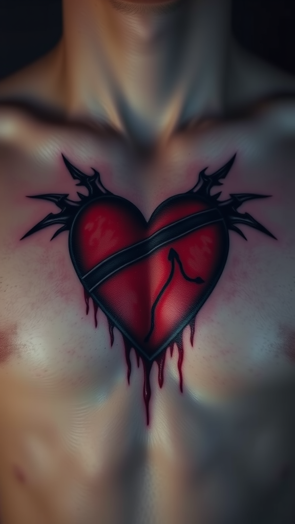 A blood-red heart tattoo with thorns and dripping blood on a chest.