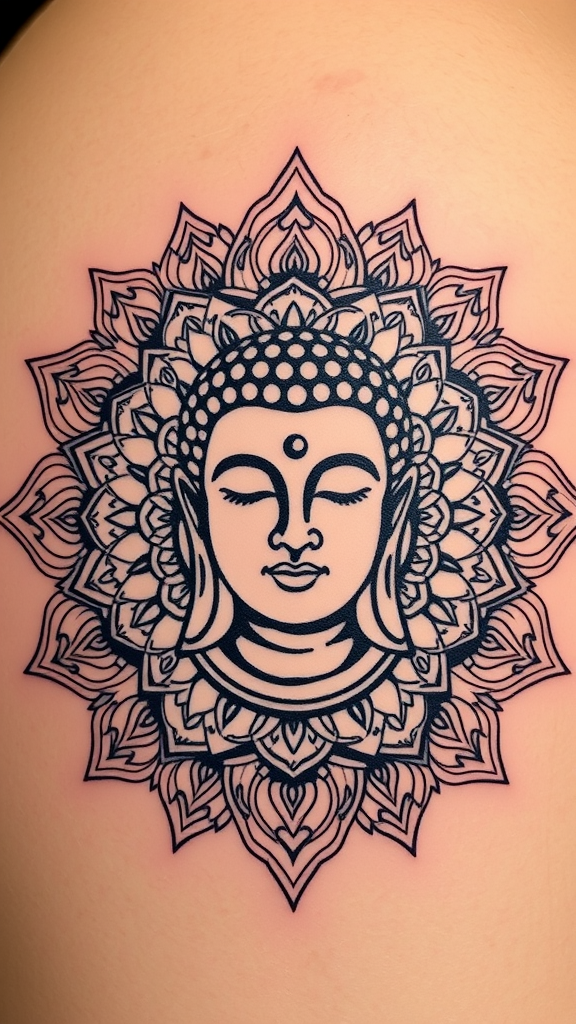 A detailed Buddha tattoo with a mandala design surrounding the face.