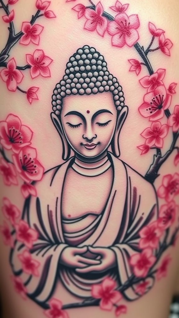 Tattoo of Buddha surrounded by cherry blossoms