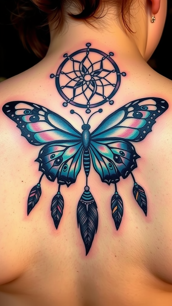 A colorful butterfly tattoo above a dreamcatcher design on a person's back.