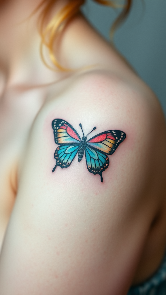 Vibrant butterfly tattoo on a shoulder