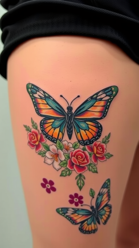 A butterfly tattoo surrounded by colorful flowers, showcasing vibrant details.