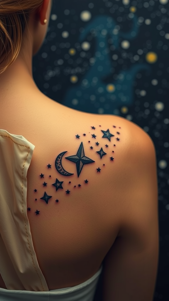 A woman showing a celestial themed tattoo on her back featuring stars and a crescent moon.