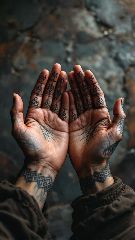 Hands with intricate Celtic knot tattoos on fingers and palms.