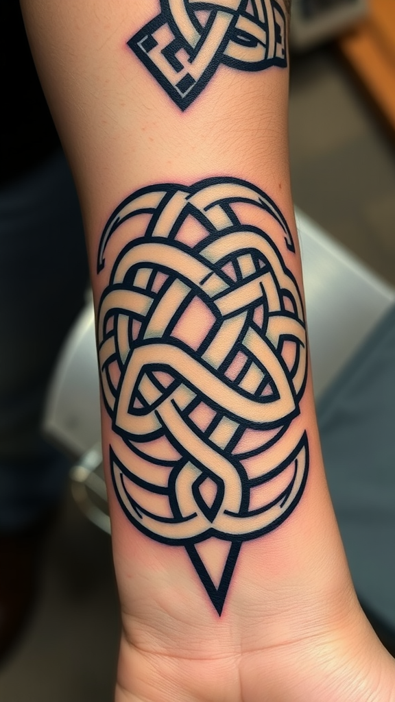 A detailed wrist tattoo featuring intricate Celtic knots and patterns.