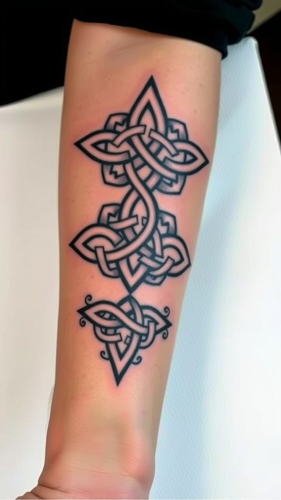 A black outline tattoo of Celtic knots on a forearm.