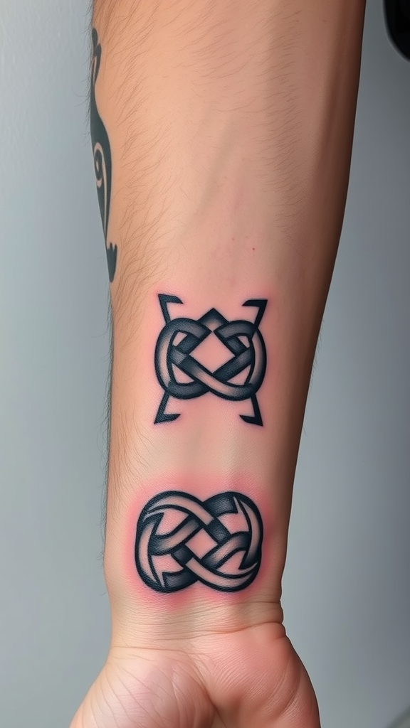 Two Celtic knotwork tattoos on a man's forearm.