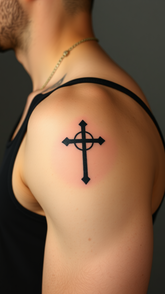 A simple black cross tattoo on a man's shoulder