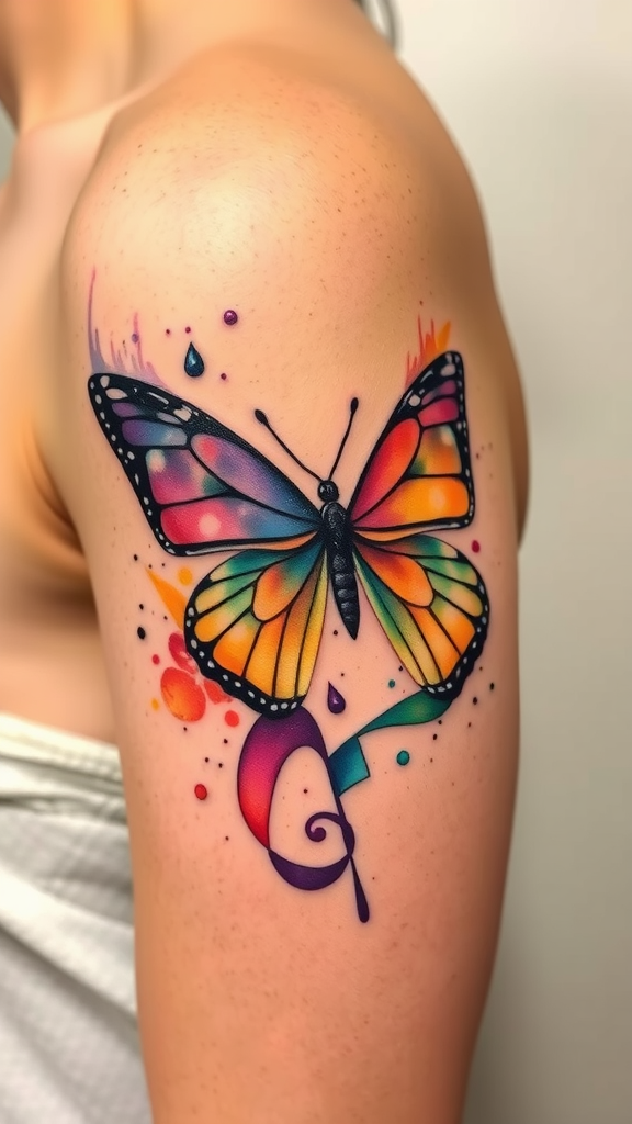 Colorful watercolor butterfly tattoo on an arm