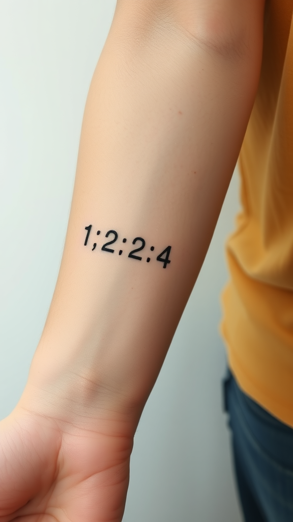 Minimalist tattoo of coordinates on a forearm