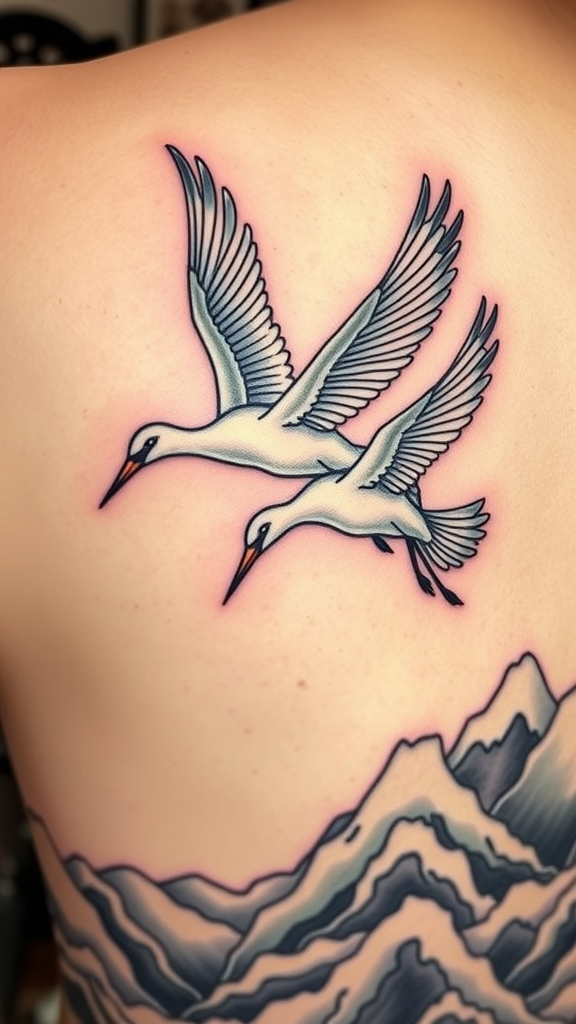 Tattoo of two cranes flying over stylized mountains on a shoulder