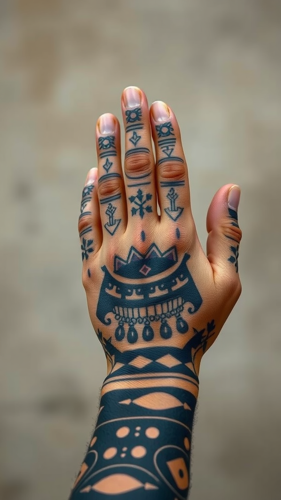 A hand displaying intricate cultural heritage tattoos with various symbols and patterns.