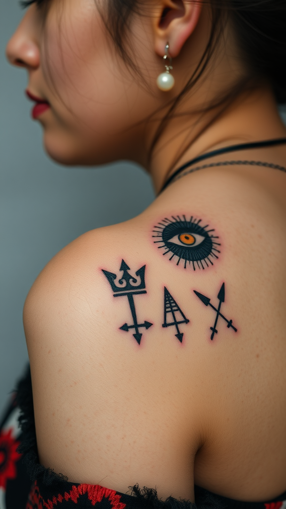 Close-up of a woman's shoulder with cultural symbol tattoos, including a crown, compass, and an eye.