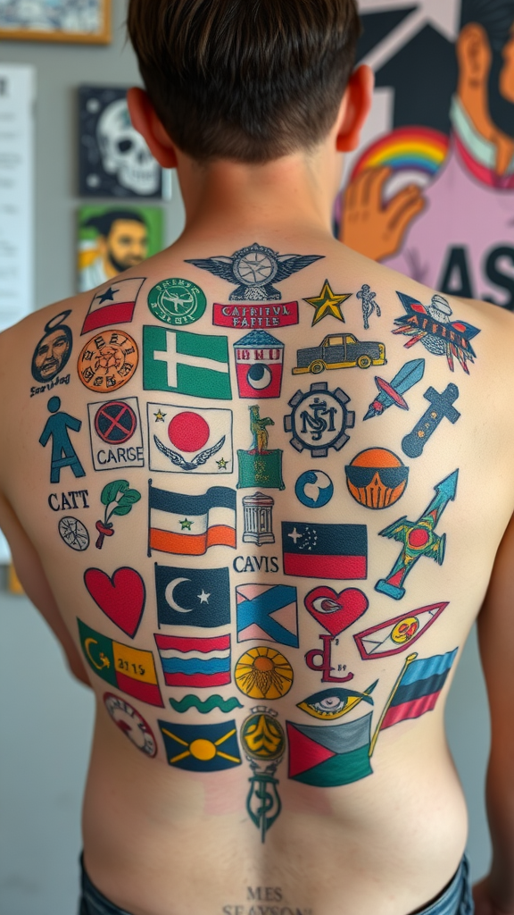 A man with a colorful patchwork tattoo featuring various cultural symbols on his back.