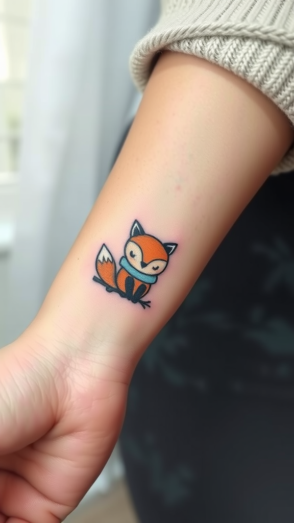 A cute illustration of a fox tattoo on a person's forearm.