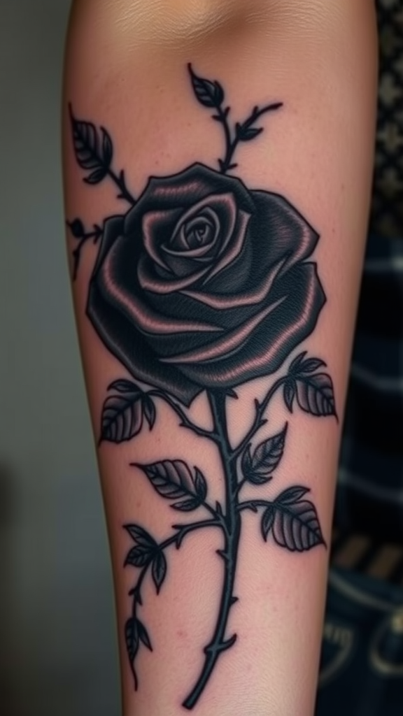 A tattoo of a dark rose with thorns on a person's arm.