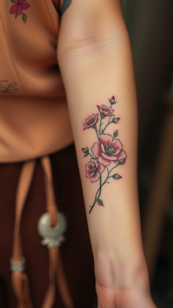 A delicate floral tattoo featuring pink flowers on a woman's forearm.