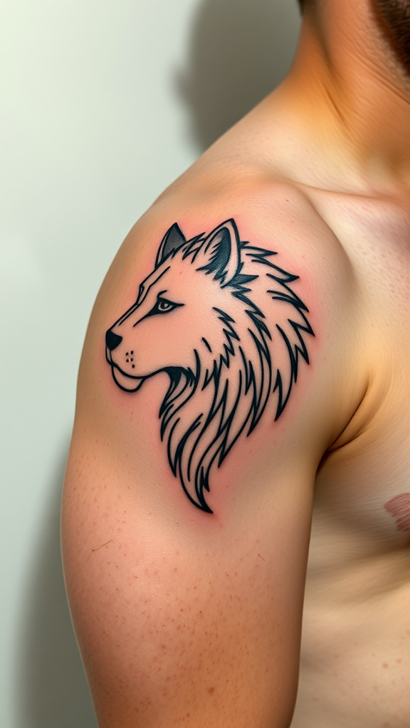 A delicate line art tattoo of a lion on a man's shoulder.