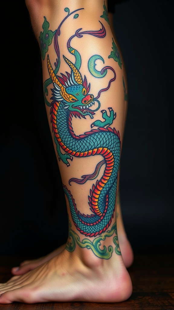 A colorful dragon tattoo wrapped around a leg, symbolizing power and wisdom.