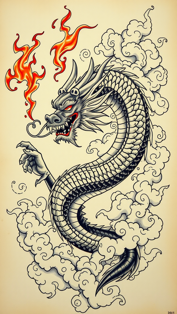 Tattoo design of a dragon surrounded by fire and clouds