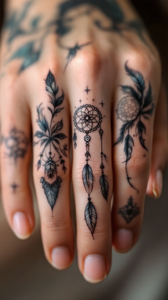 Finger tattoos featuring dreamcatchers and leaves