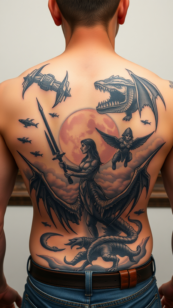 A detailed back tattoo featuring fantasy and sci-fi elements such as dragons, a warrior, and spaceships.