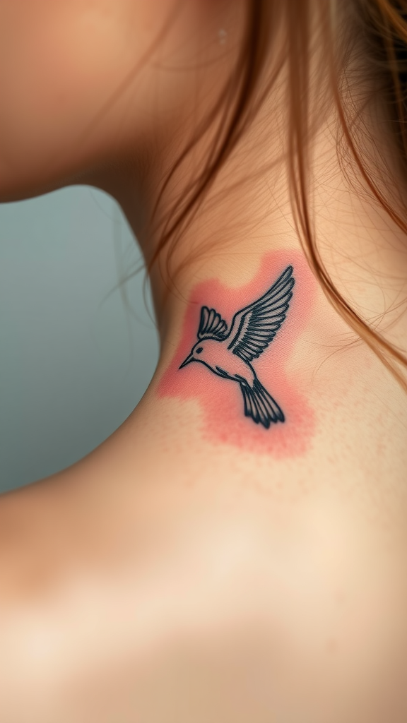 Fine line tattoo of a bird on the back of a woman's neck