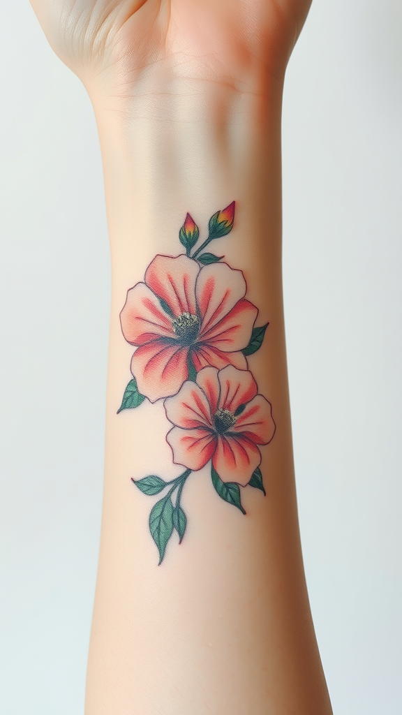 A colorful floral wrist tattoo featuring pink flowers and green leaves.