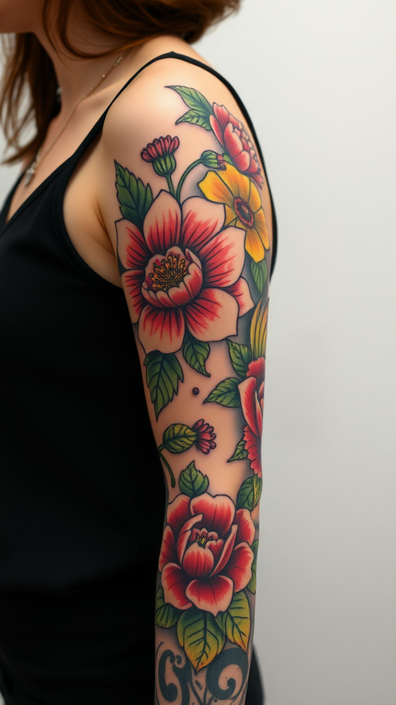 A close-up of a colorful floral sleeve tattoo on a woman's arm.