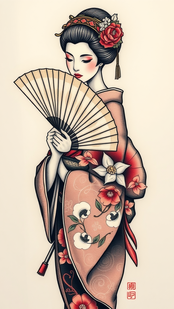 Tattoo design of a geisha holding a fan, showcasing intricate details and floral patterns.