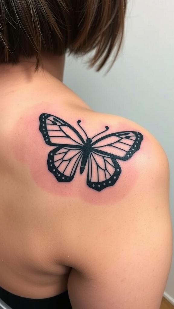 A geometric butterfly tattoo on a person's shoulder.