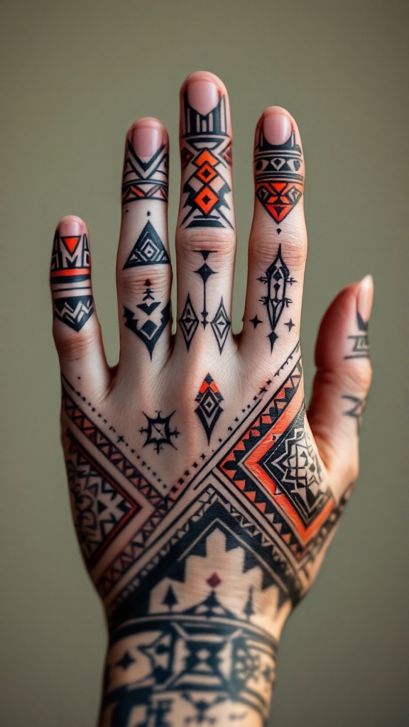 A hand with intricate geometric finger tattoos featuring black and red designs.