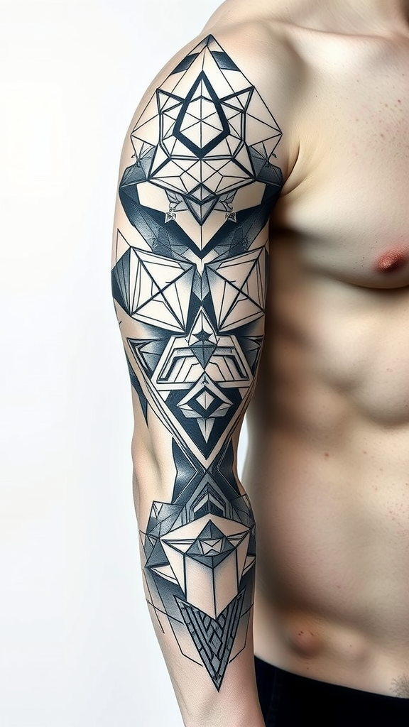 A detailed geometric sleeve tattoo on a man's arm.