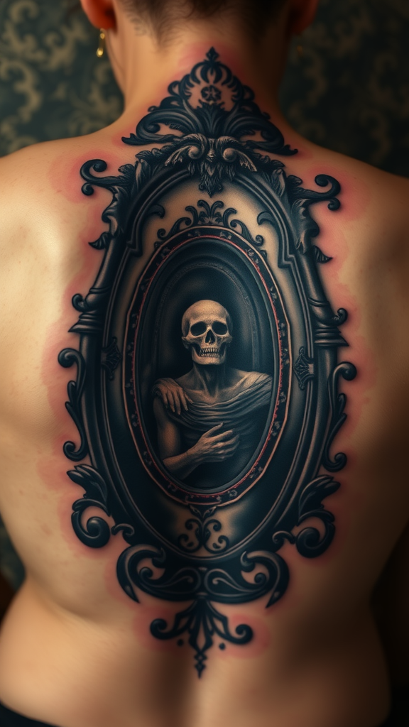 A gothic-style tattoo depicting a skull within a decorative mirror frame on a person's back.