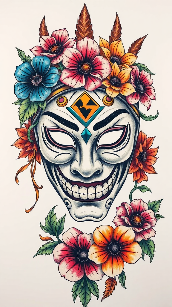 A Hannya mask adorned with colorful flowers, symbolizing beauty and darkness.