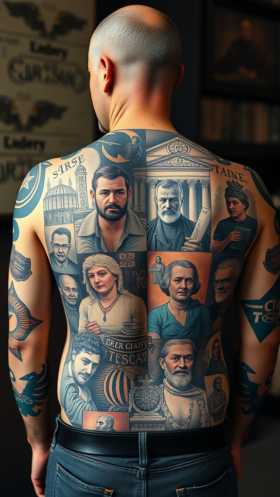 A man showing a patchwork tattoo featuring various historical figures on his back.