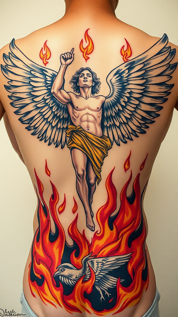 Tattoo of Icarus with flames on a person's back