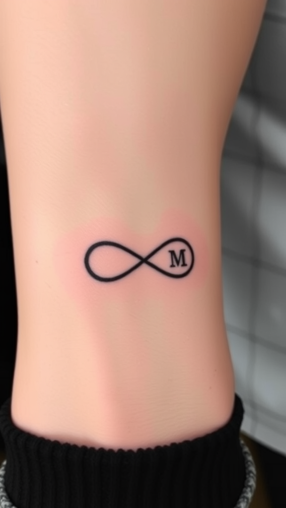 A simple black infinity symbol tattoo with the letter M inside.