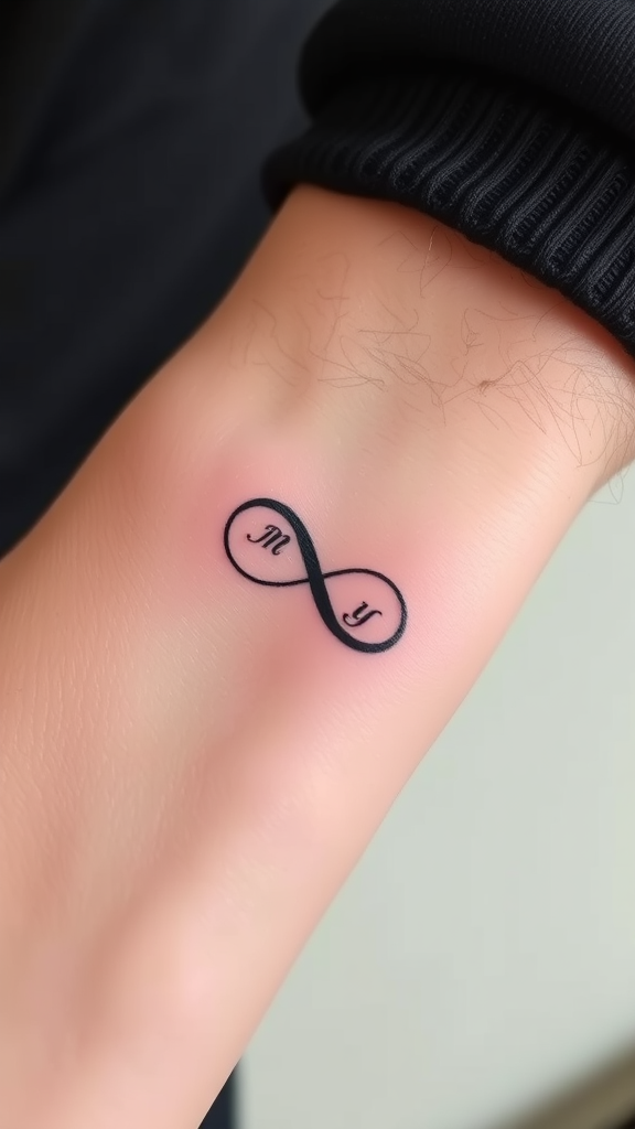 A close-up of a black infinity tattoo with the letters 'M' and 'Y' inside.