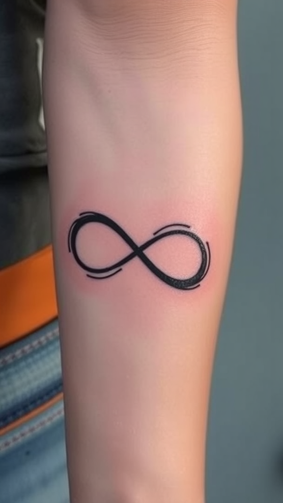 Minimalist infinity tattoo with a heart shape twist